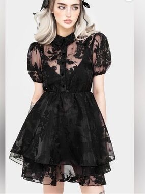 Disturbia Spectre Layered Mini Shirt Dress 8 black sheer lace cottagegoth tulle